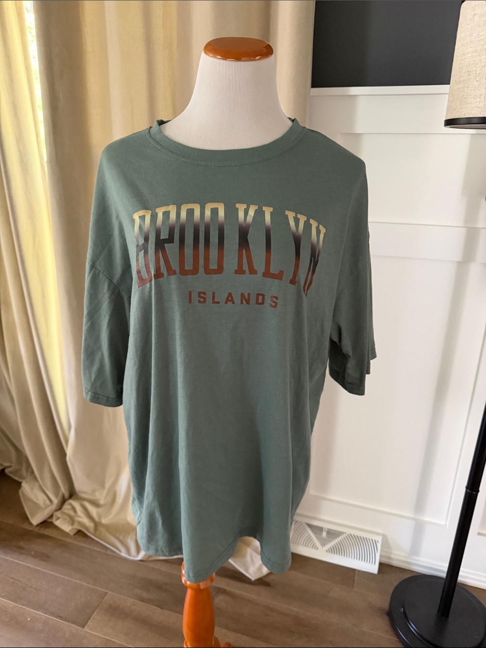 SHEIN Sage Green Short Sleeve 'BROOKLYN ISLANDS' Graphic Tee